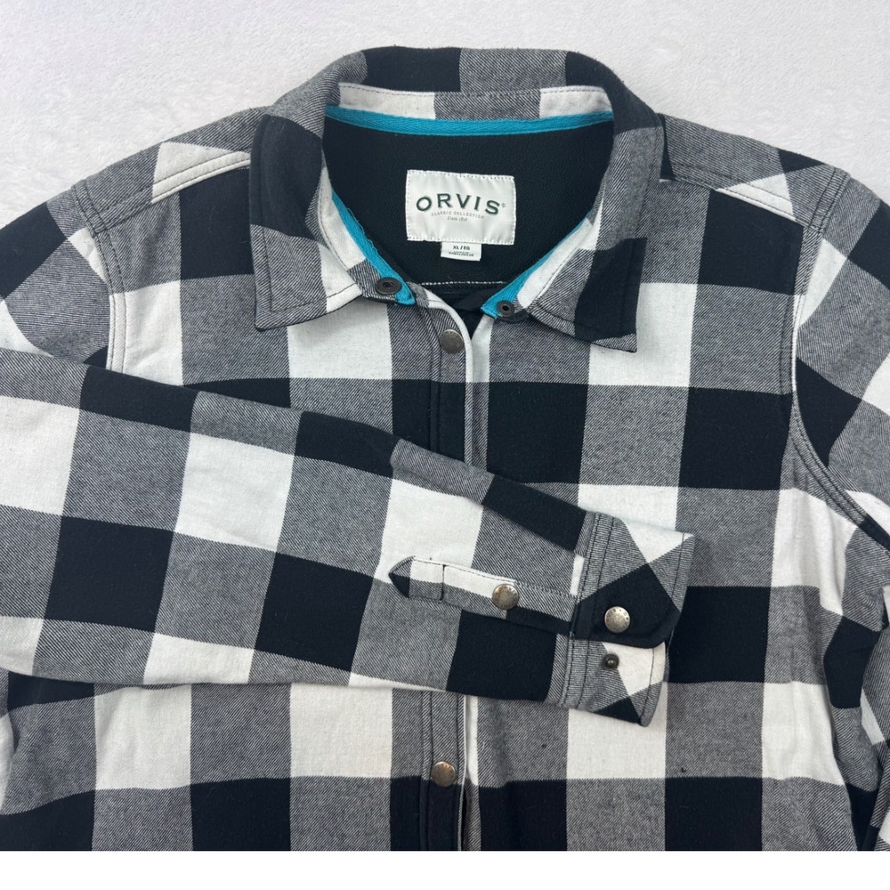 Orvis Women XL Fleece Lined Buffalo Plaid Shirt Jacket Black White Snap Front